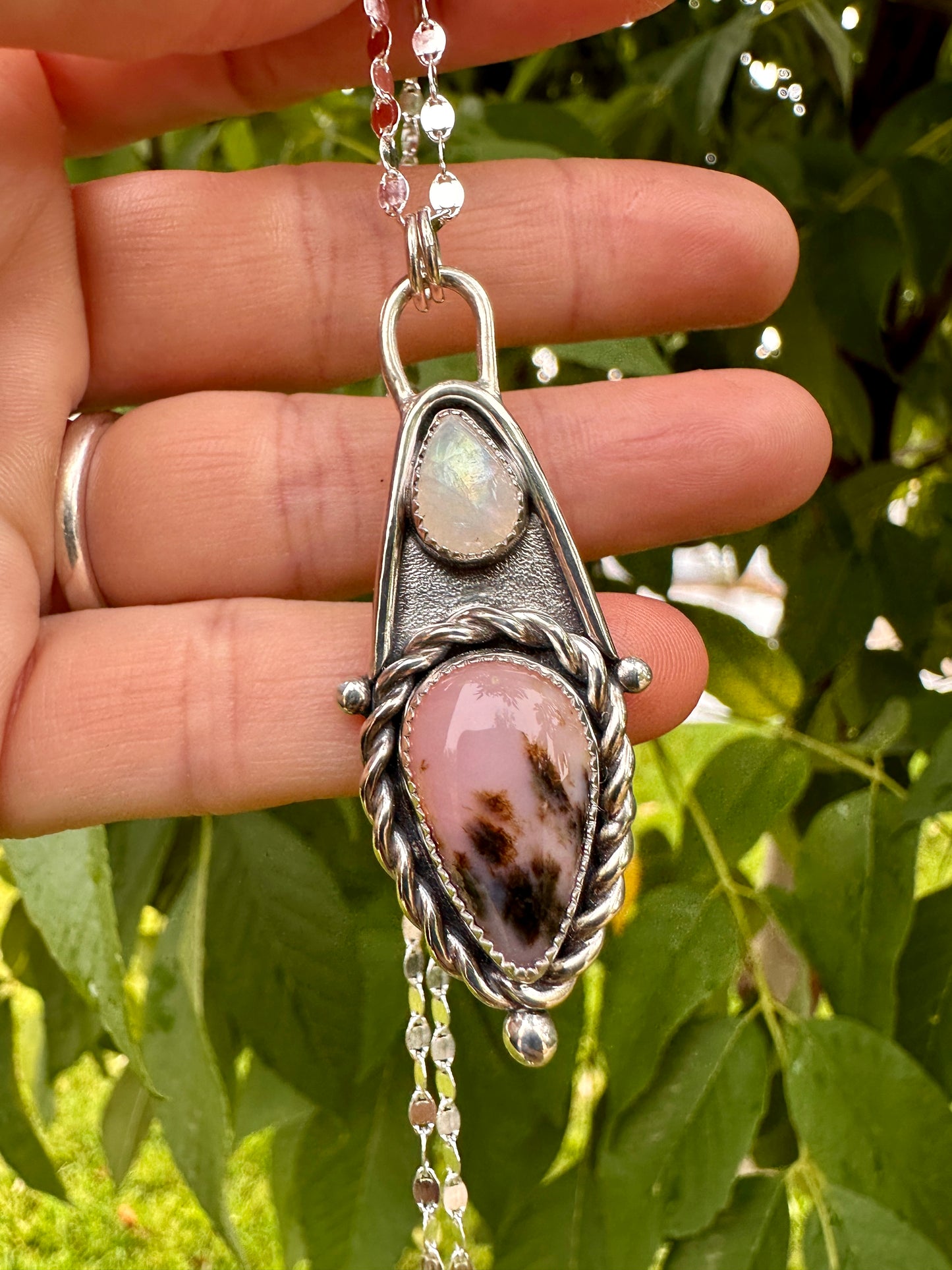 Cascade talisman | Rainbow moonstone & pink dendritic opal #2