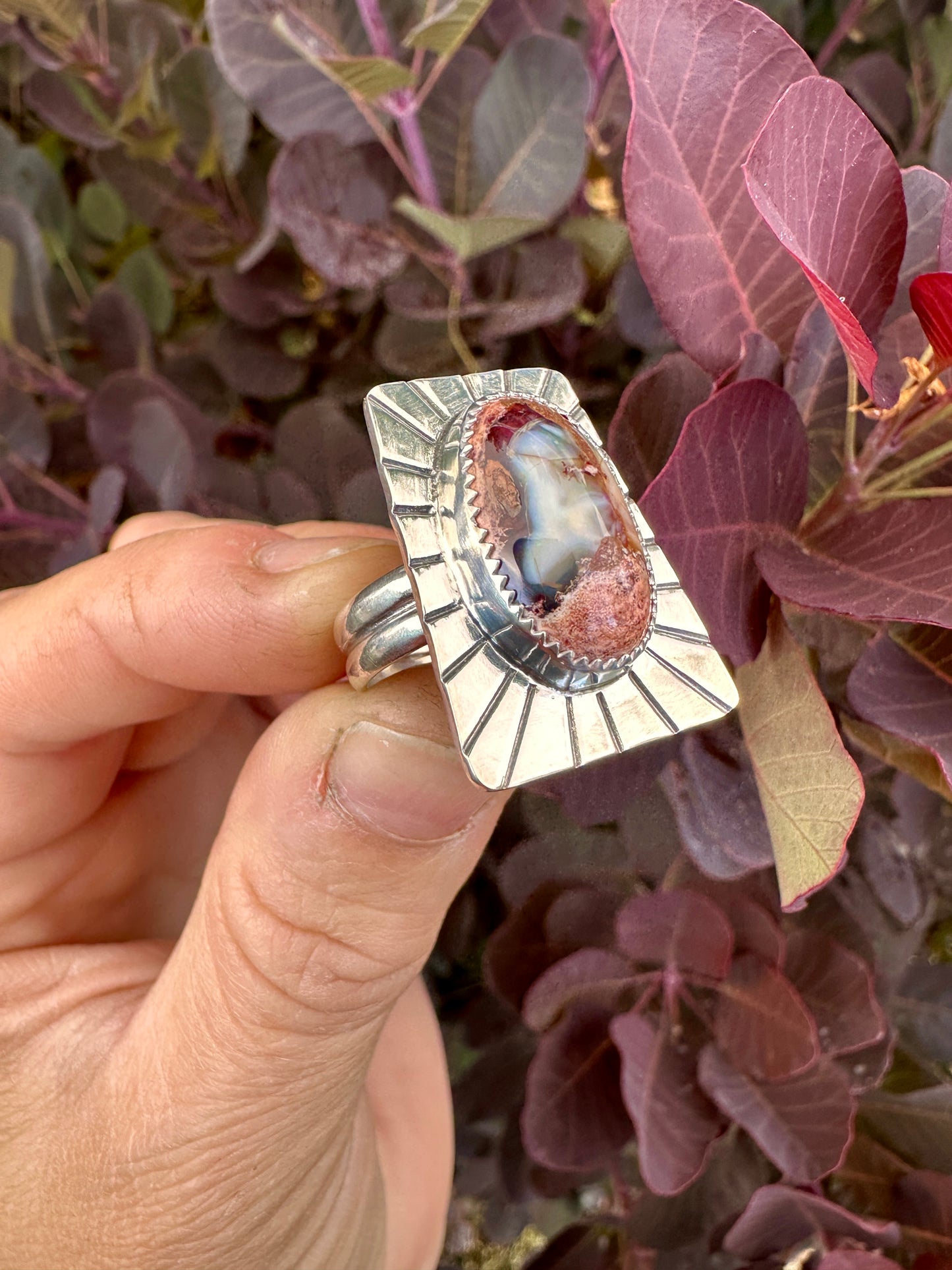 We Come in Peace shield ring | Mexican fire opal
