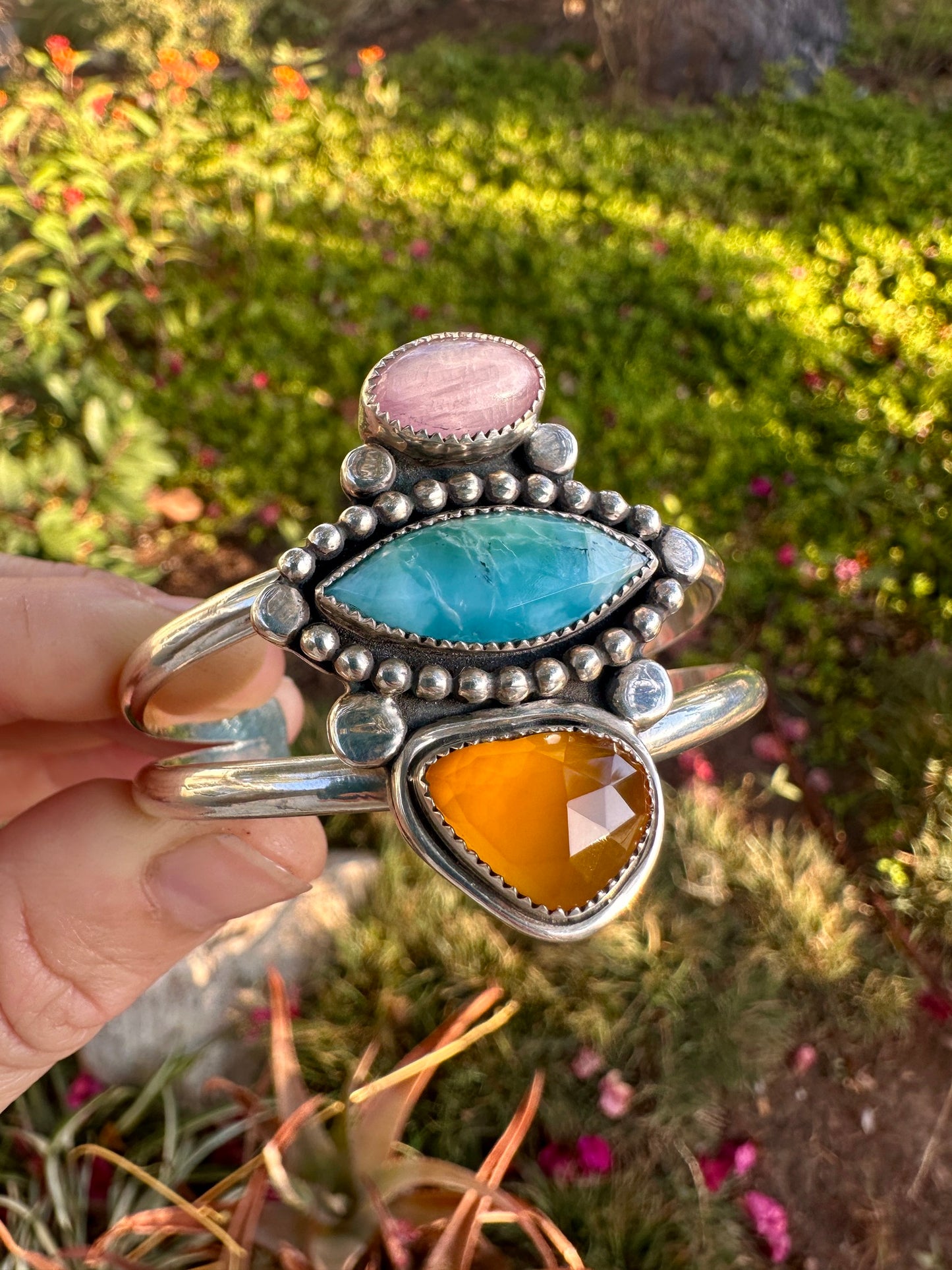 Bead Queen cuff | Kunzite, Larimar, Yellow Chalcedony