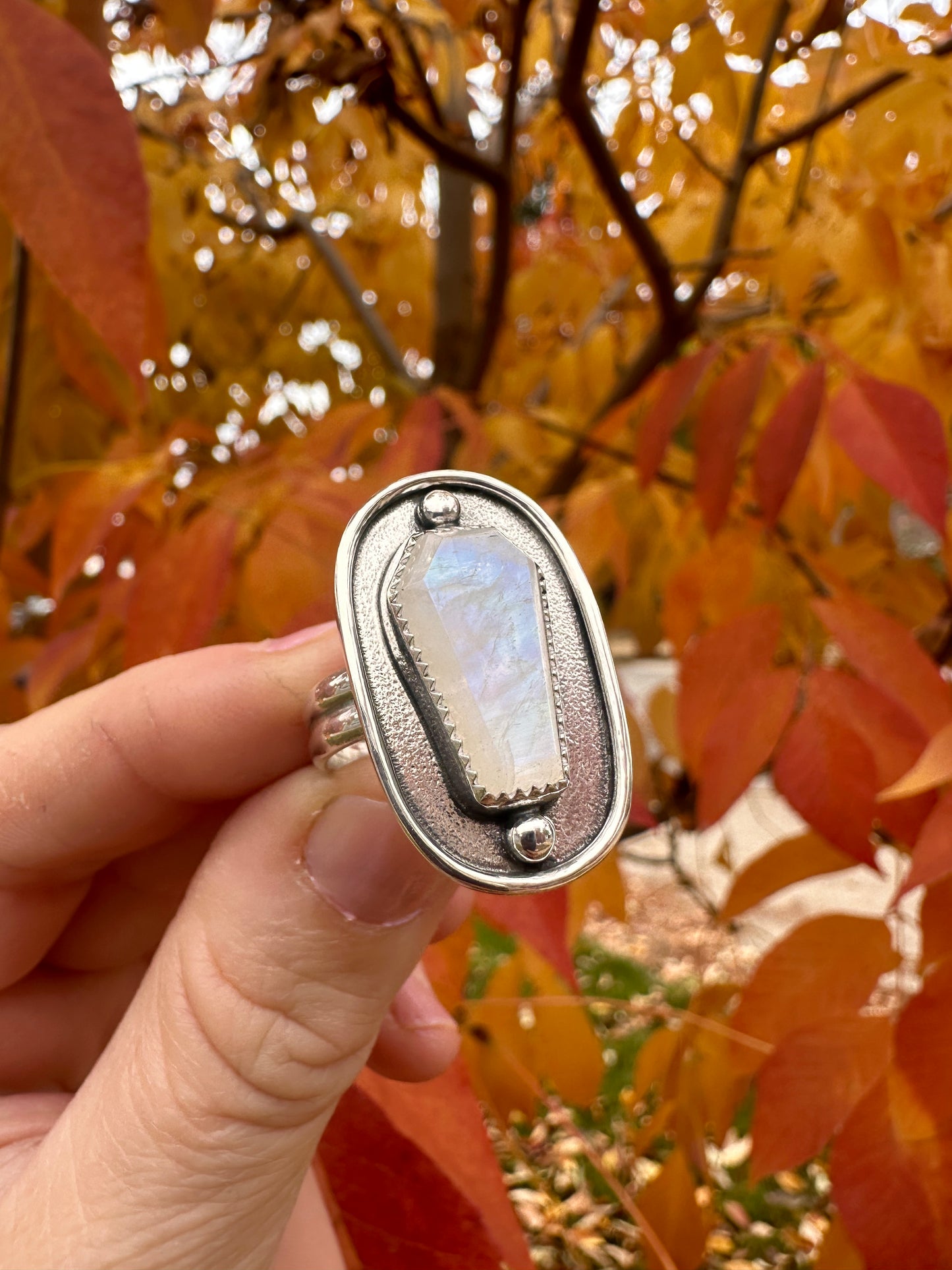 Coffin-stoned ring | Rainbow moonstone