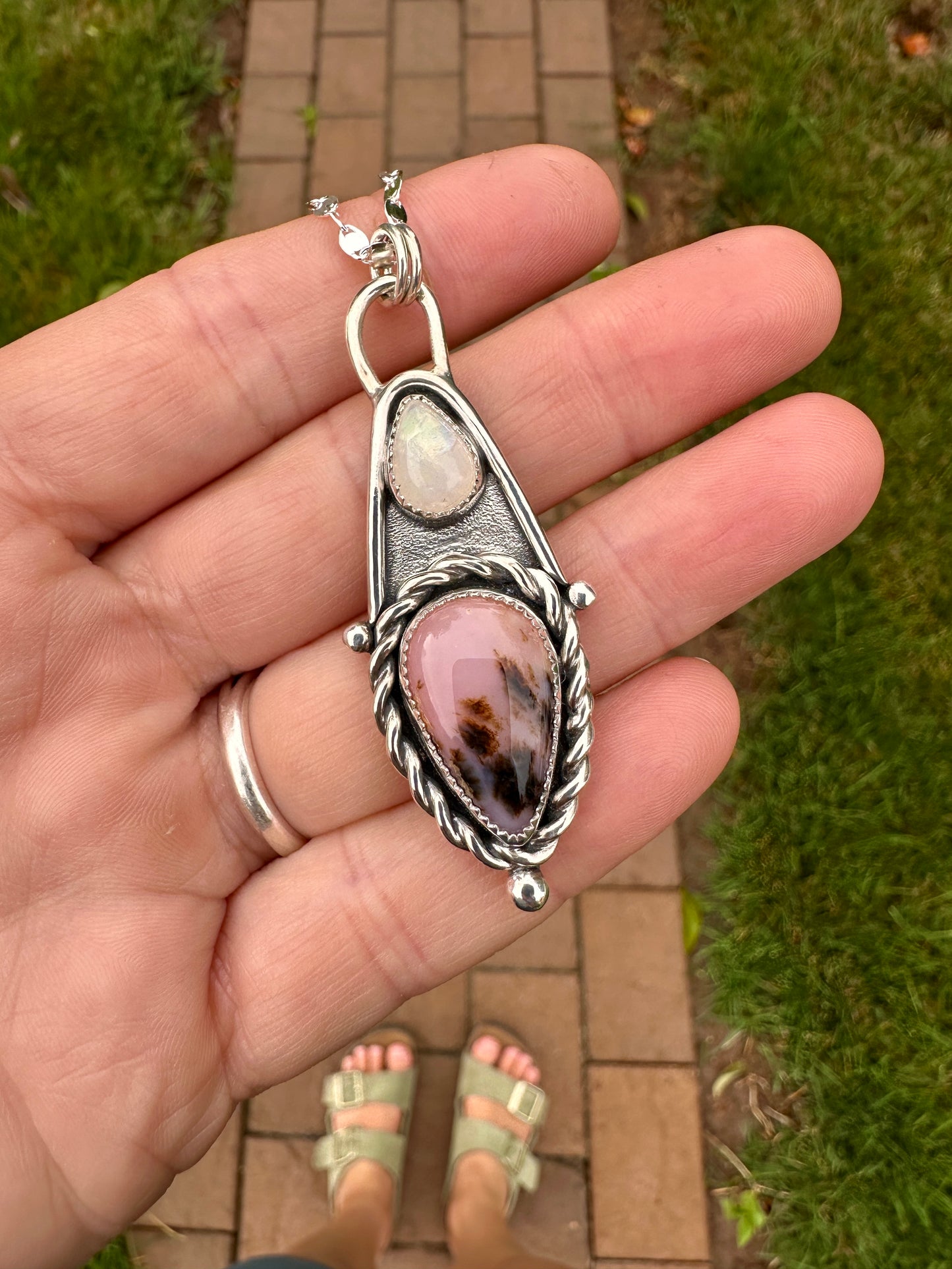 Cascade talisman | Rainbow moonstone & pink dendritic opal #2