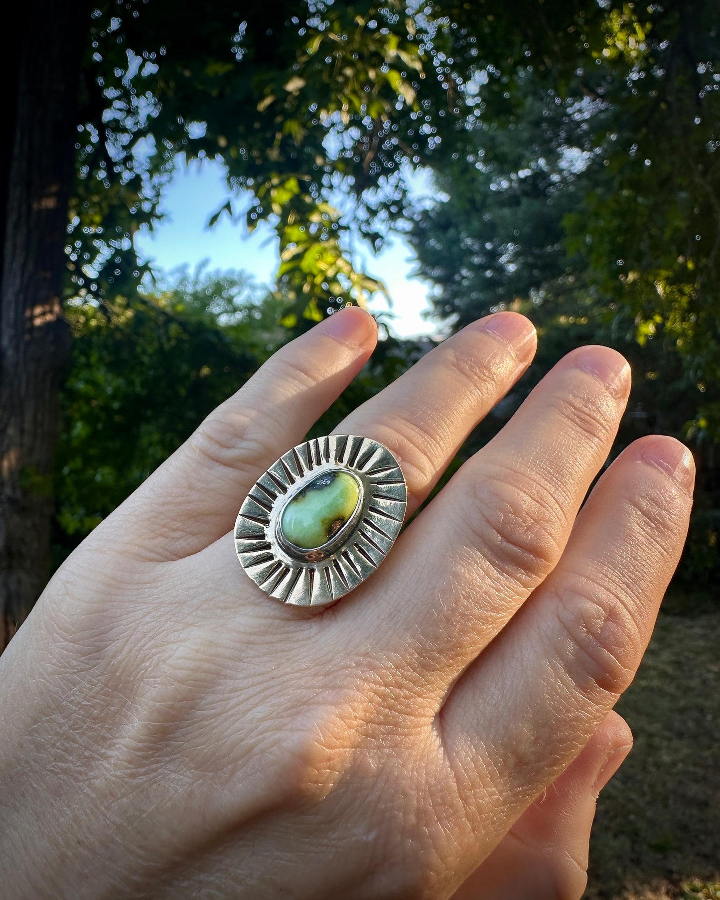 Sunburst brass ring | Palomino variscite (size 7)