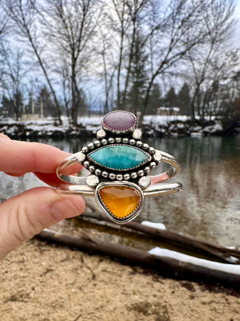 Bead Queen cuff | Kunzite, Larimar, Yellow chalcedony