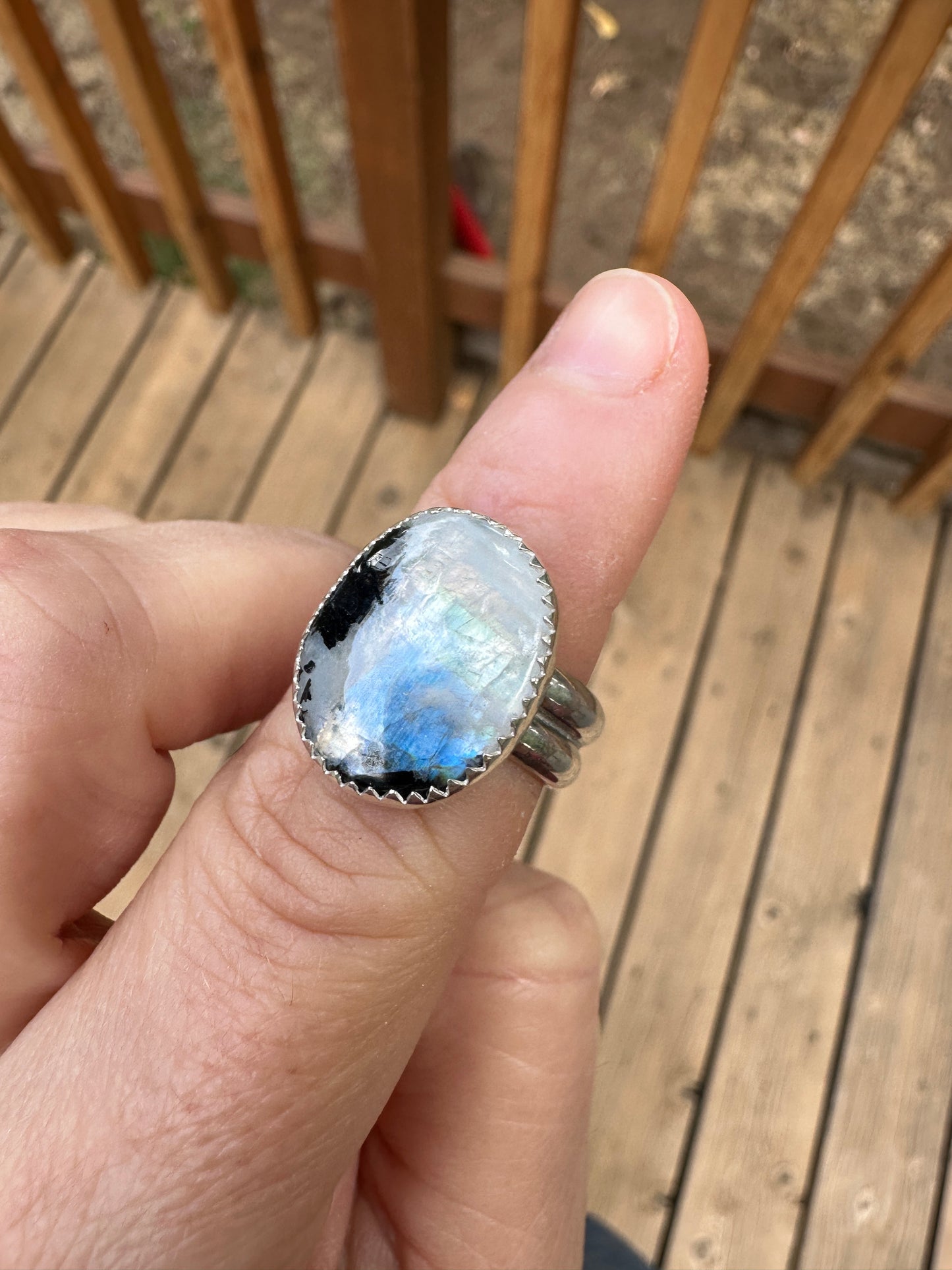 Plain Jane ring | Rainbow moonstone + tourmaline (size 7)