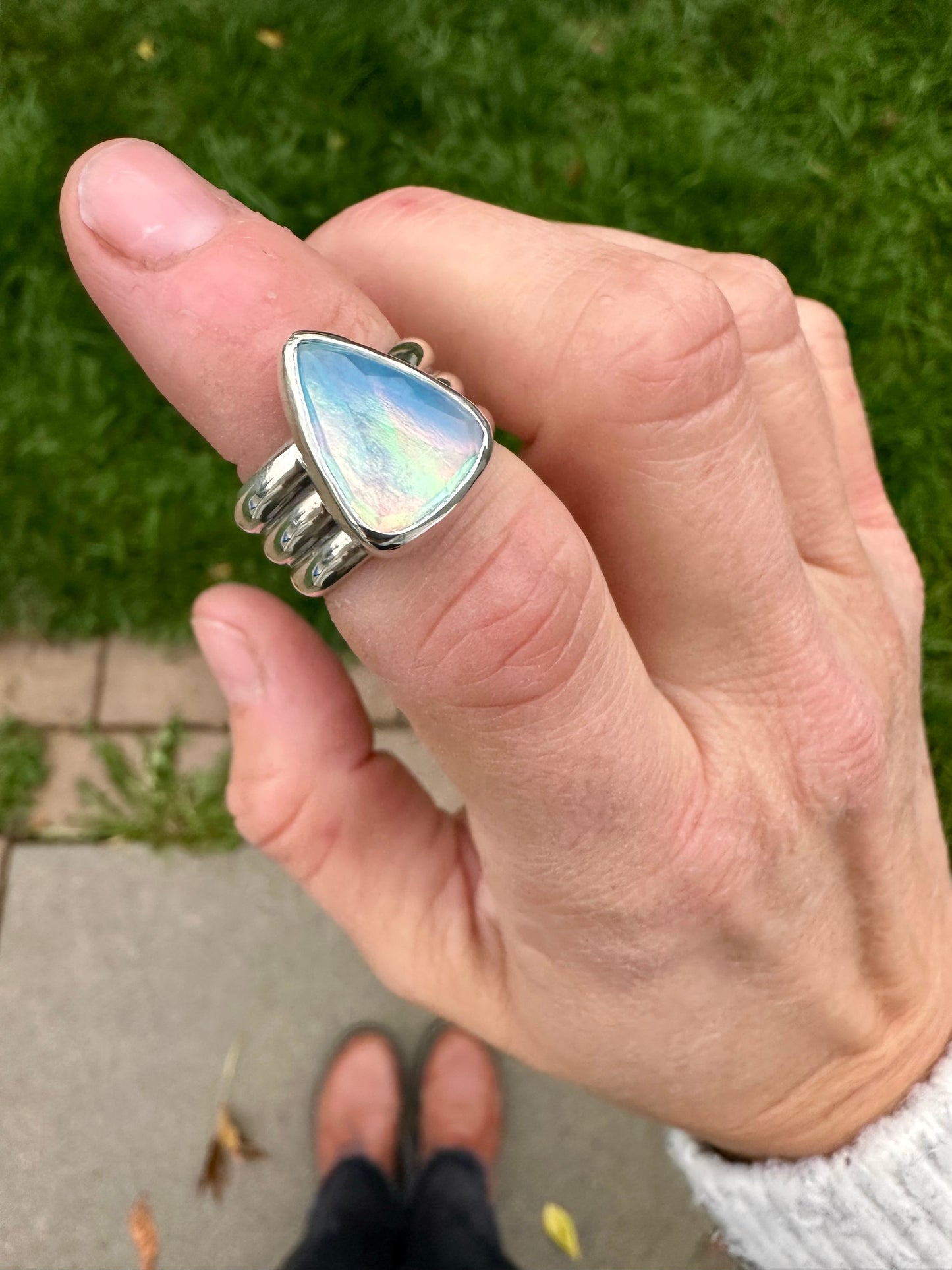 Crystal & Aurora Opal triple-band ring (size 6-6.5)