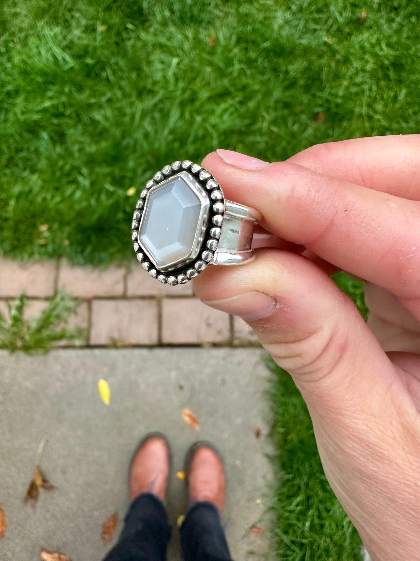 Gray Moonstone thick band ring (size 5.5-6)