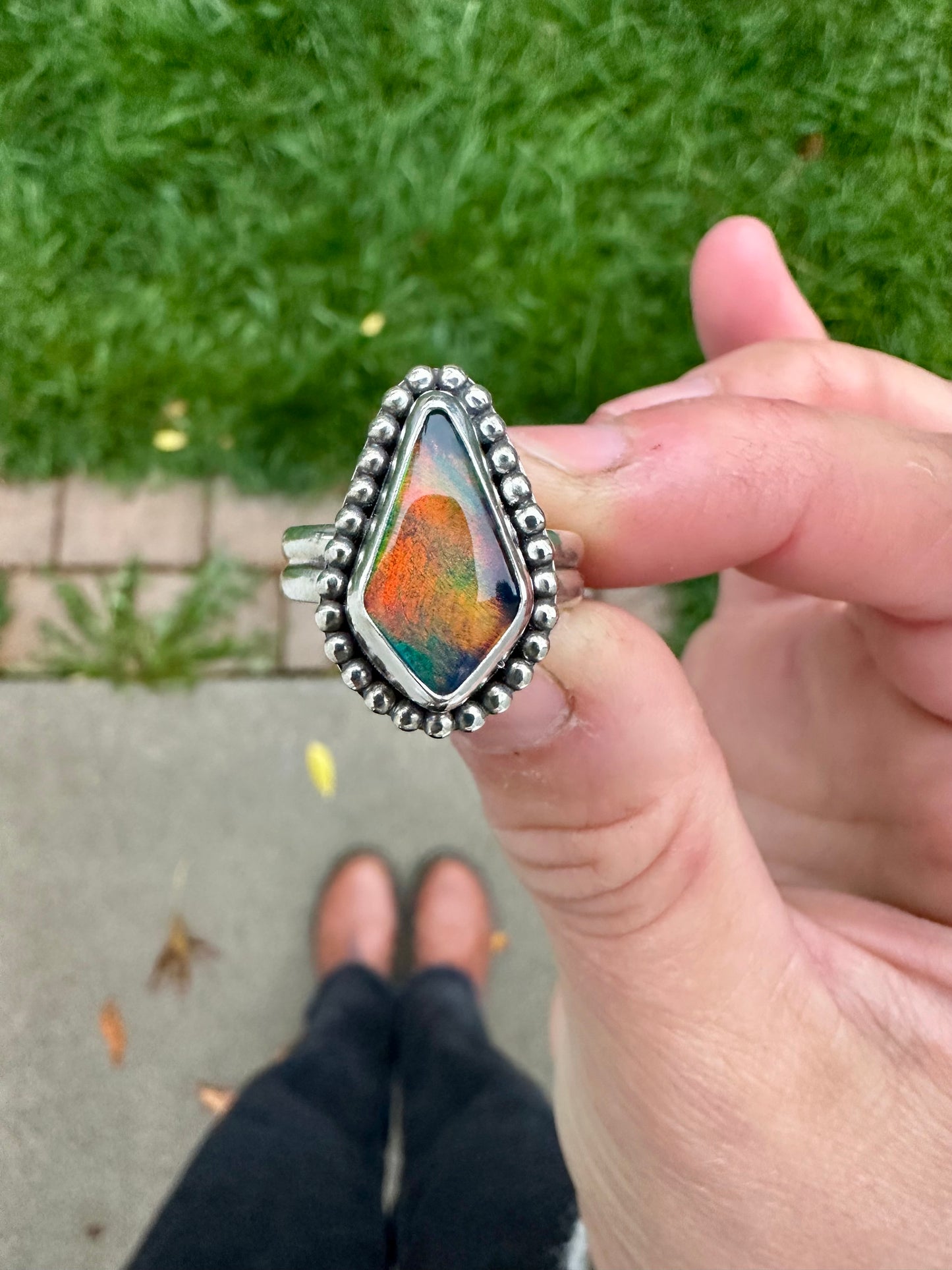 Crystal & Aurora Opal double-band ring (size 9.25-9.5)