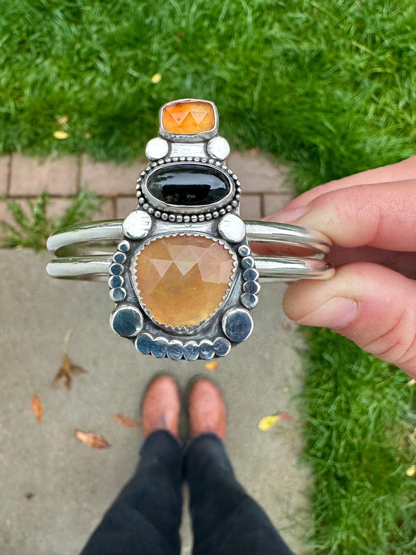 Hessonite Garnet • Black Jadeite • Ethiopian Opal cuff