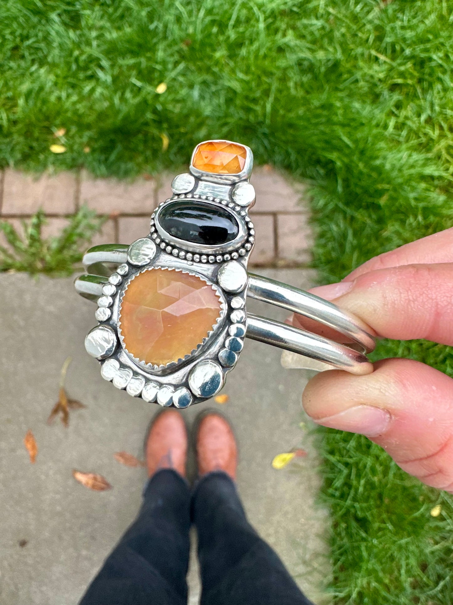 Hessonite Garnet • Black Jadeite • Ethiopian Opal cuff