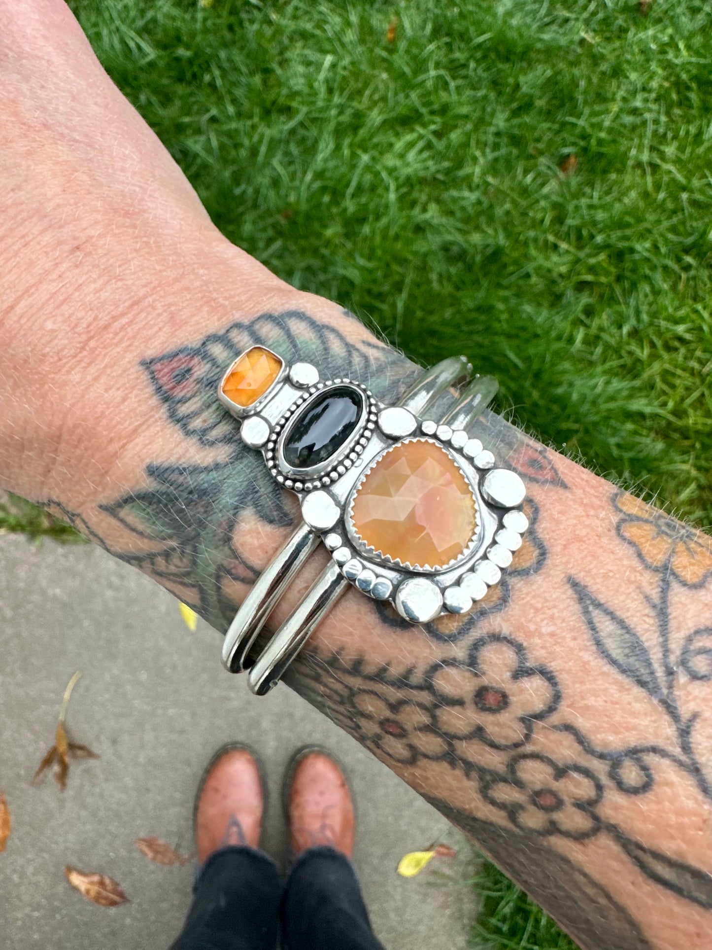 Hessonite Garnet • Black Jadeite • Ethiopian Opal cuff