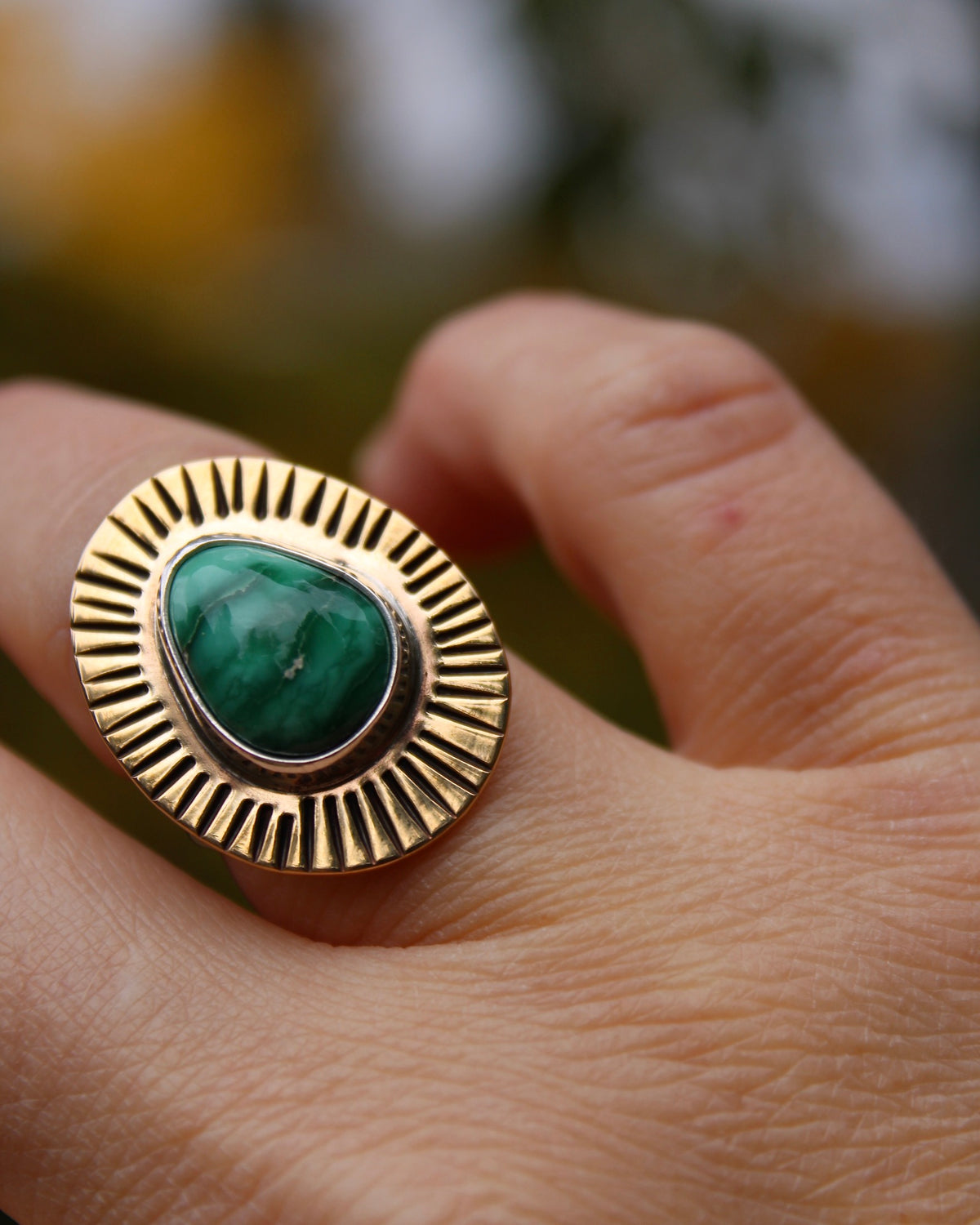 Sunburst brass ring | Broken Arrow variscite (size 6.5)
