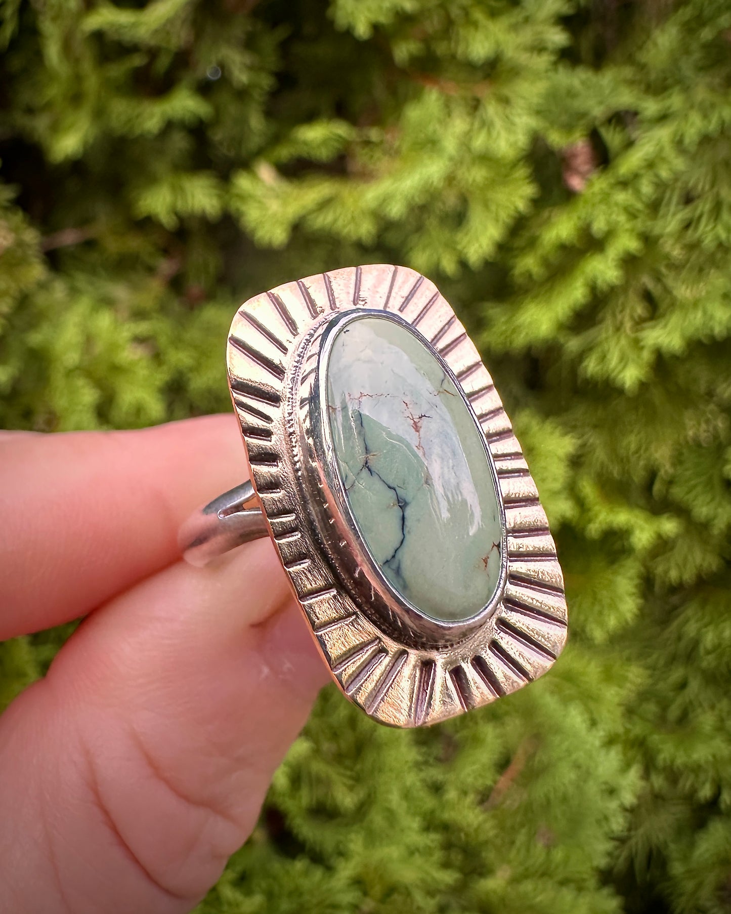 Sunburst brass ring | New Lander variscite (size 10)