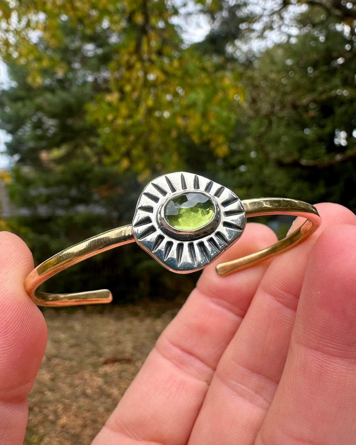 Sunburst brass cuff | Peridot