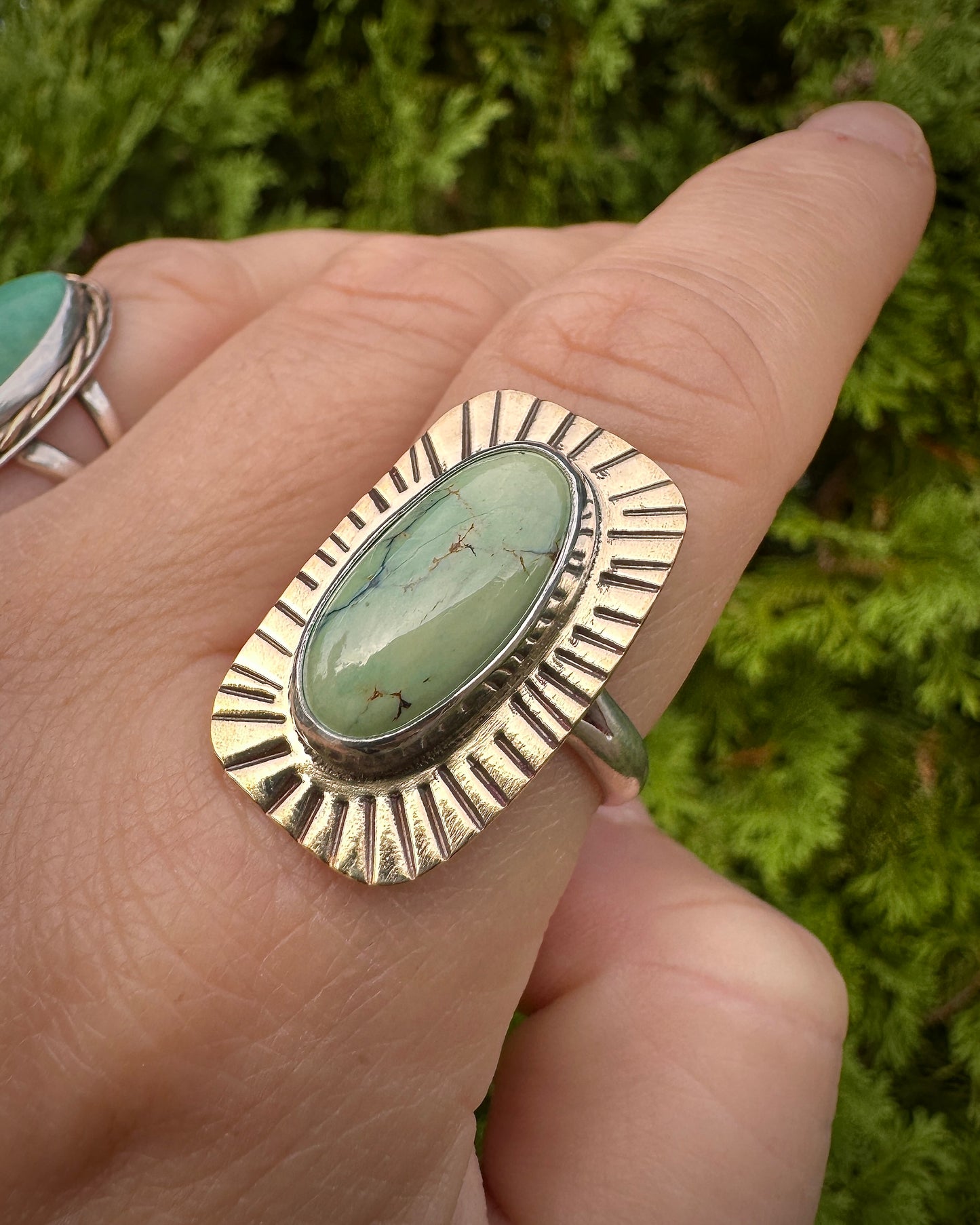 Sunburst brass ring | New Lander variscite (size 10)