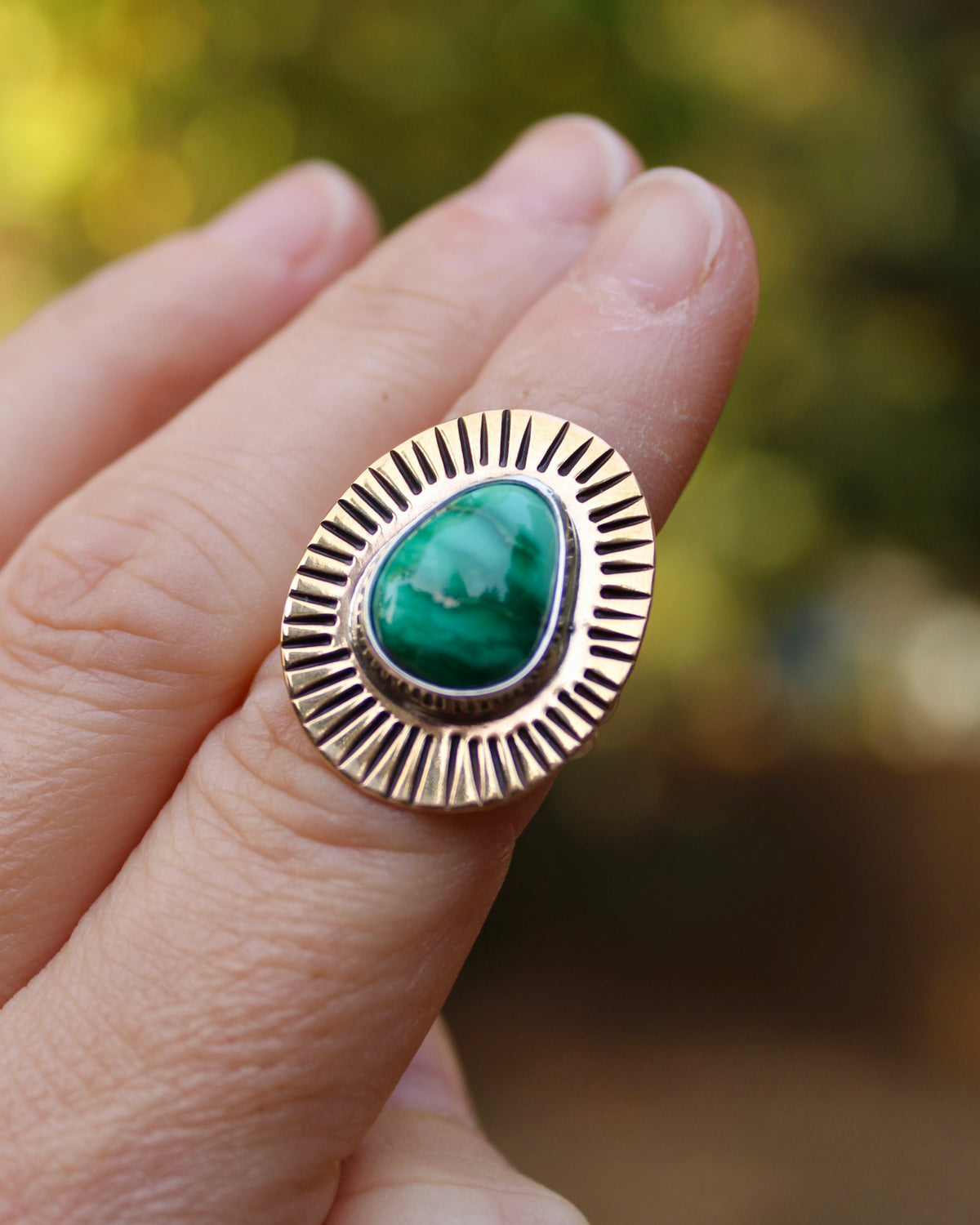 Sunburst brass ring | Broken Arrow variscite (size 6.5)