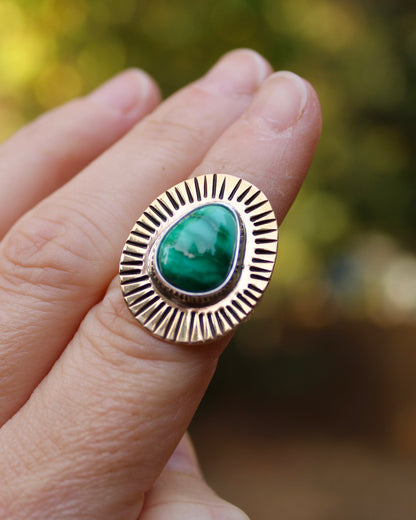 Sunburst brass ring | Broken Arrow variscite (size 6.5)