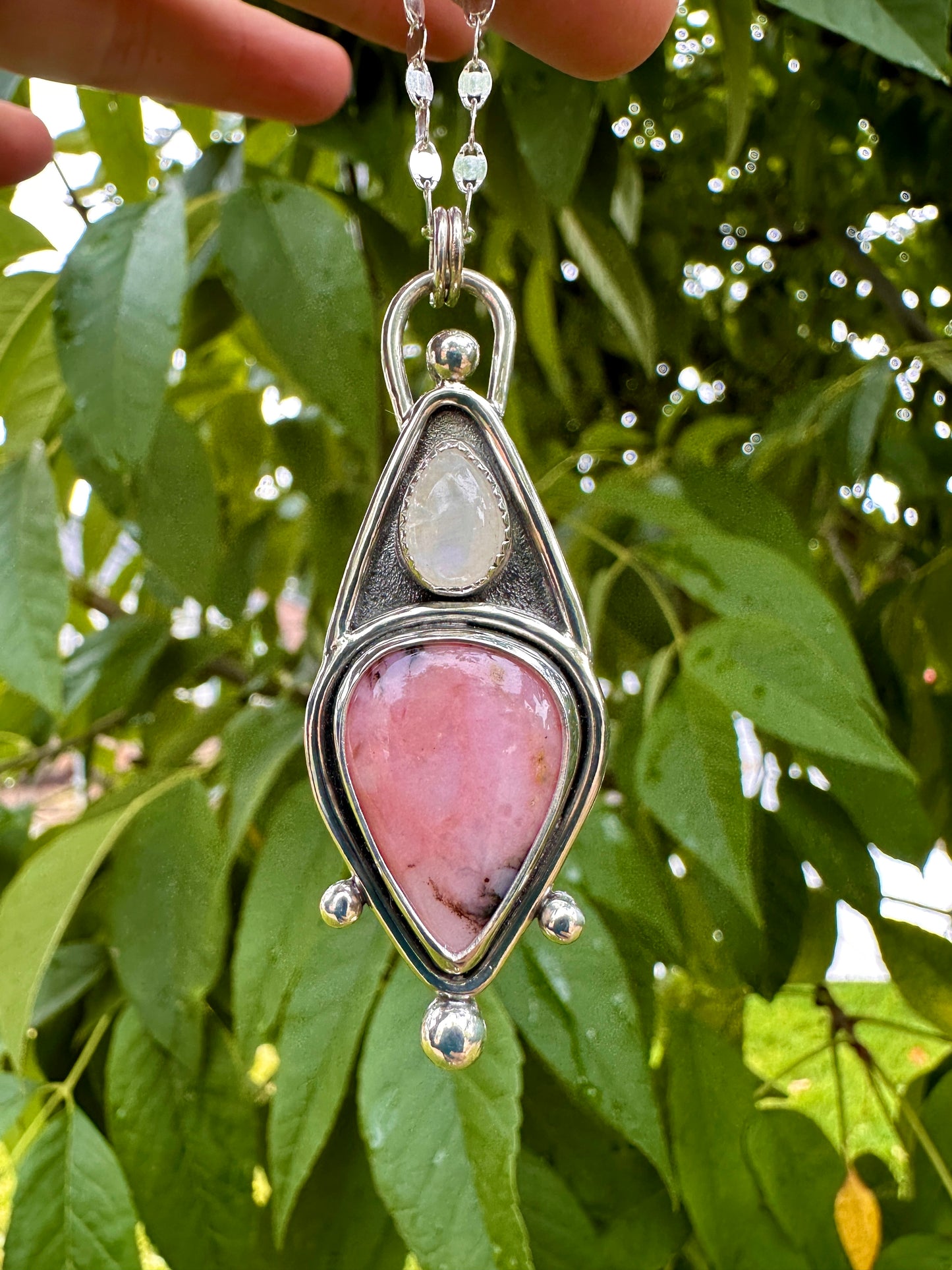 Cascade talisman | Rainbow moonstone & pink dendritic opal #1