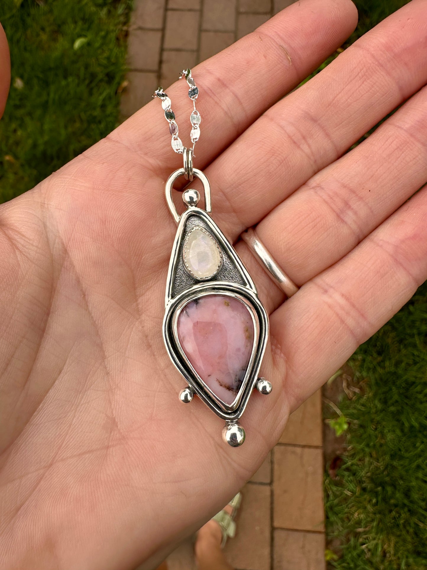 Cascade talisman | Rainbow moonstone & pink dendritic opal #1